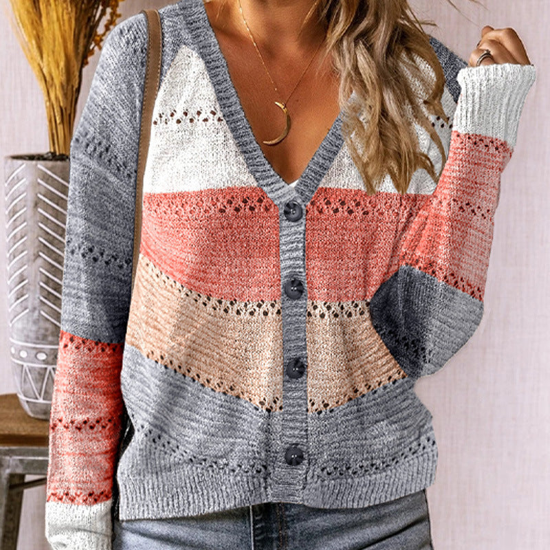 Patchwork Hooded Cardigan Single-Breasted Coat Sweater