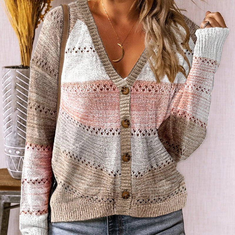 Patchwork Hooded Cardigan Single-Breasted Coat Sweater