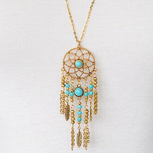 Ethnic Style Retro Tassel Feather Blue Turquoise Necklace Jewelry