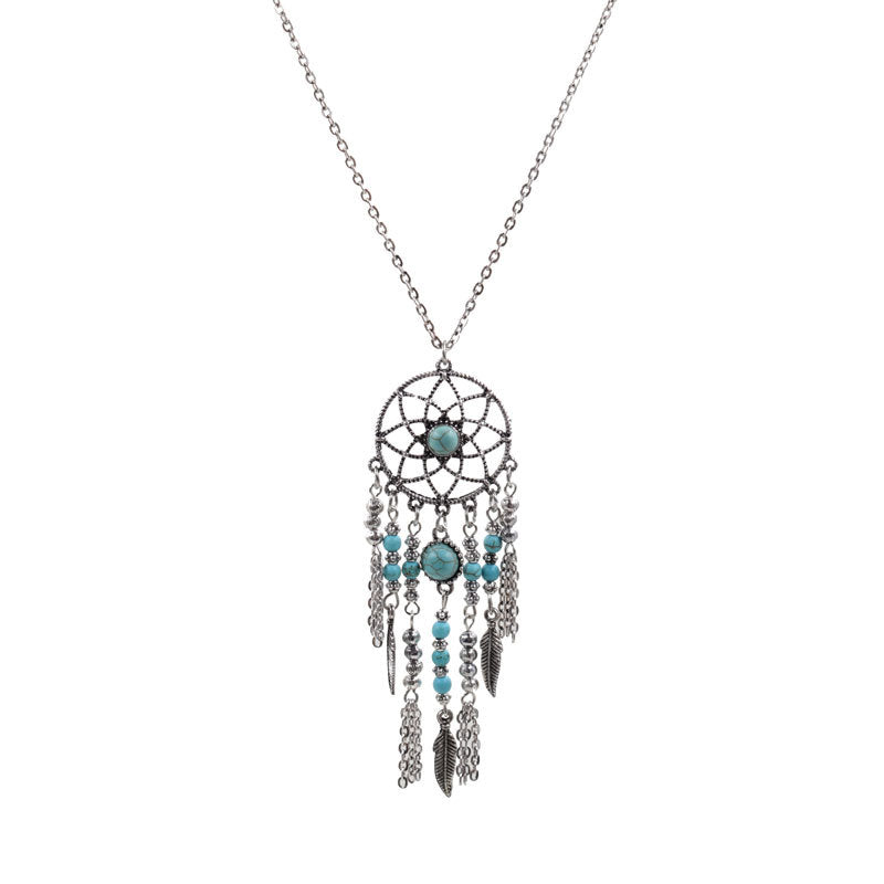 Ethnic Style Retro Tassel Feather Blue Turquoise Necklace Jewelry