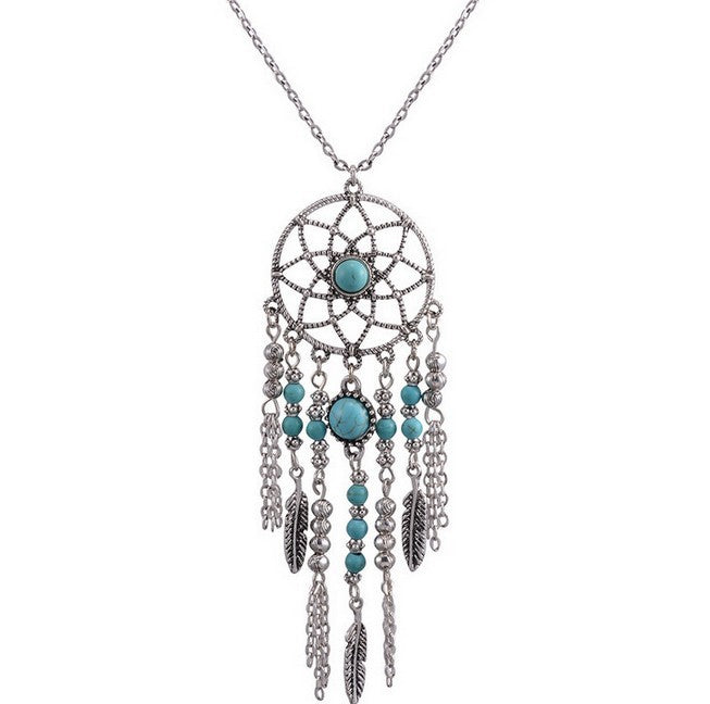 Ethnic Style Retro Tassel Feather Blue Turquoise Necklace Jewelry