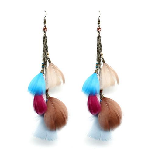 Color Feather Tassel Long Multi-Layer Hook Earrings