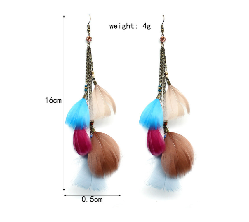 Color Feather Tassel Long Multi-Layer Hook Earrings