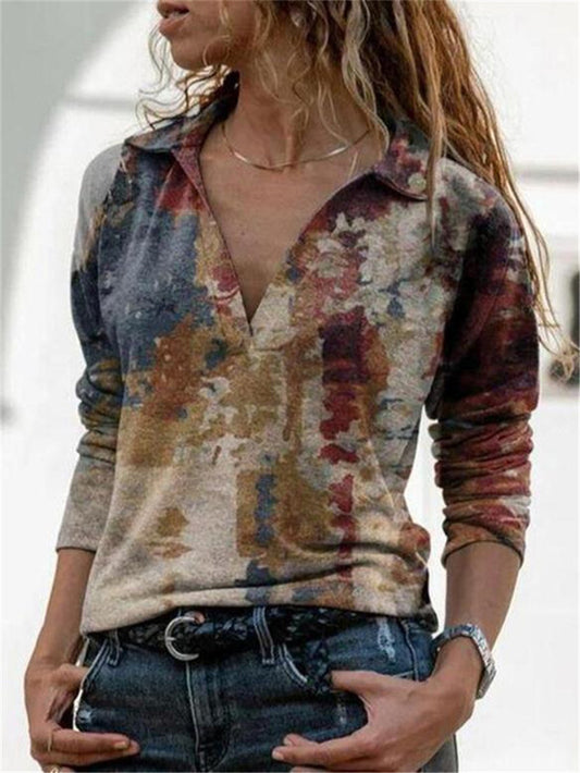 Ladies Long Sleeve Shirt Printed V-Neck T-Shirt Top