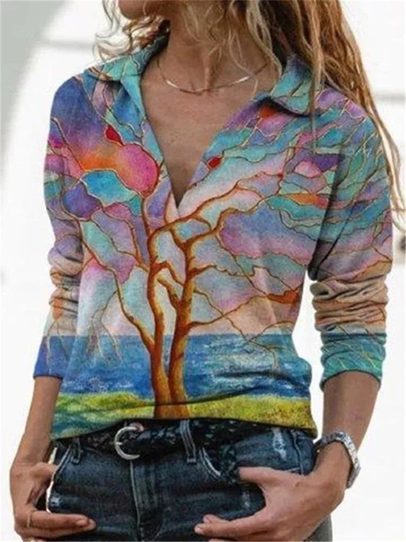 Ladies Long Sleeve Shirt Printed V-Neck T-Shirt Top