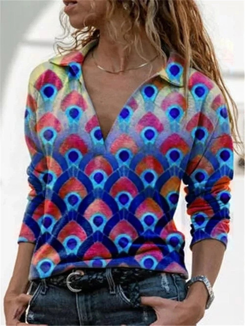 Ladies Long Sleeve Shirt Printed V-Neck T-Shirt Top