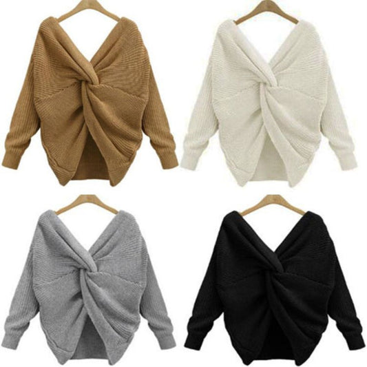 Large neckline V-neck halter head retro solid color sweater two wearing bat sweater coat