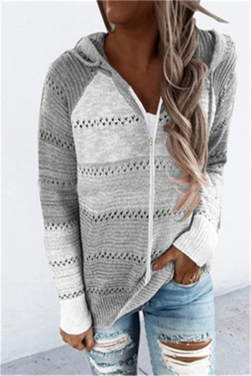 Paneled long-sleeved hooded striped zipper sweater