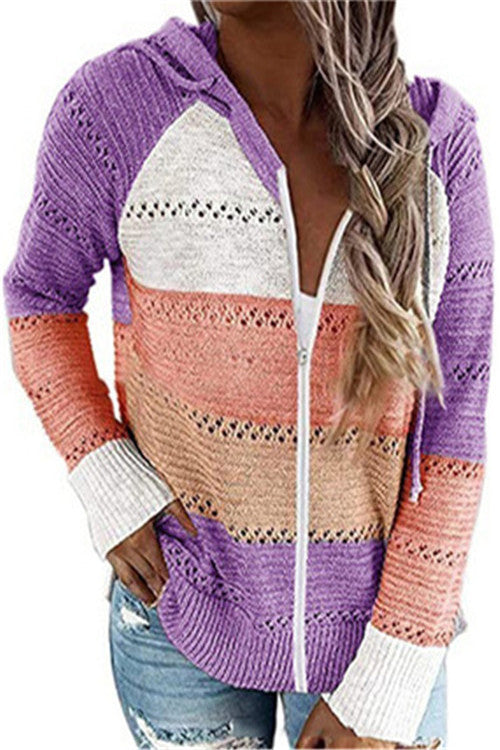 Paneled long-sleeved hooded striped zipper sweater