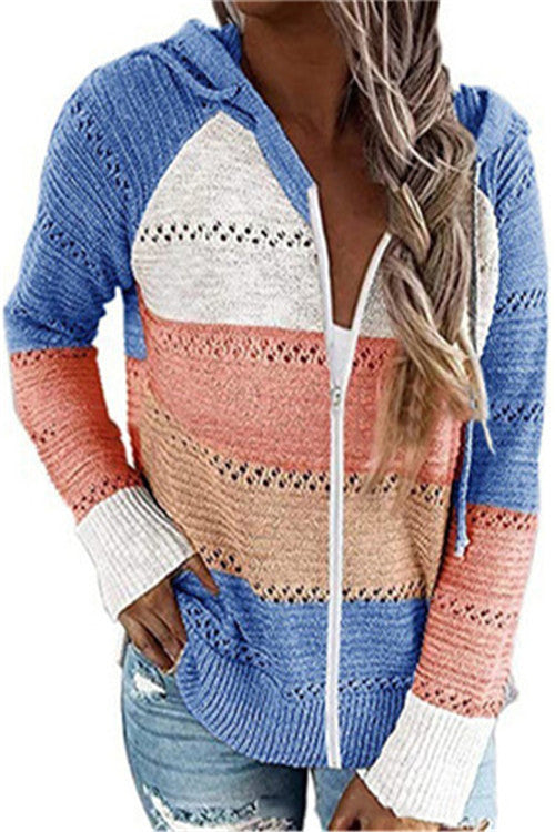 Paneled long-sleeved hooded striped zipper sweater