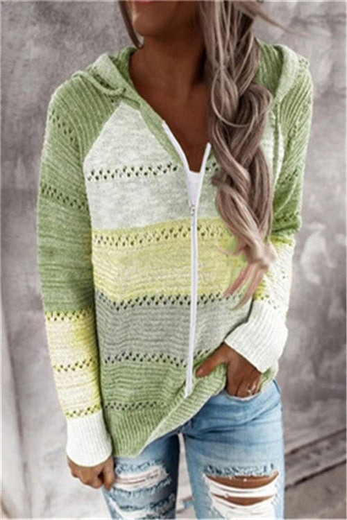 Paneled long-sleeved hooded striped zipper sweater