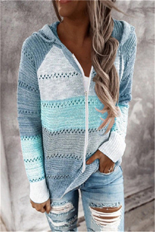 Paneled long-sleeved hooded striped zipper sweater