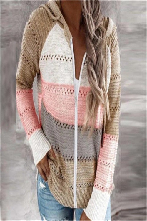 Paneled long-sleeved hooded striped zipper sweater