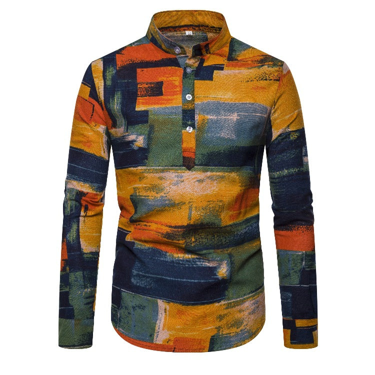 Linen Indian Ethnic Style Long-sleeved Men's Shirt