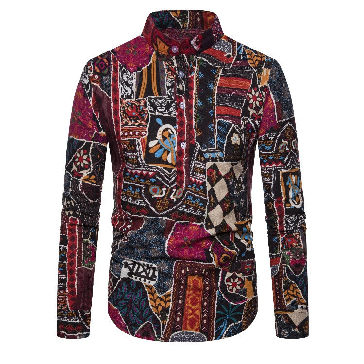 Linen Indian Ethnic Style Long-sleeved Men's Shirt