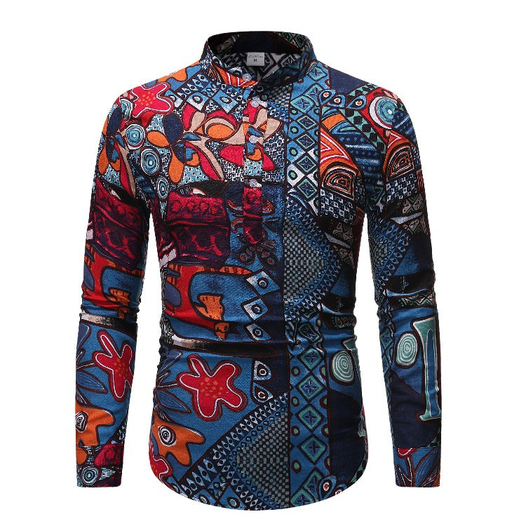 Linen Indian Ethnic Style Long-sleeved Men's Shirt