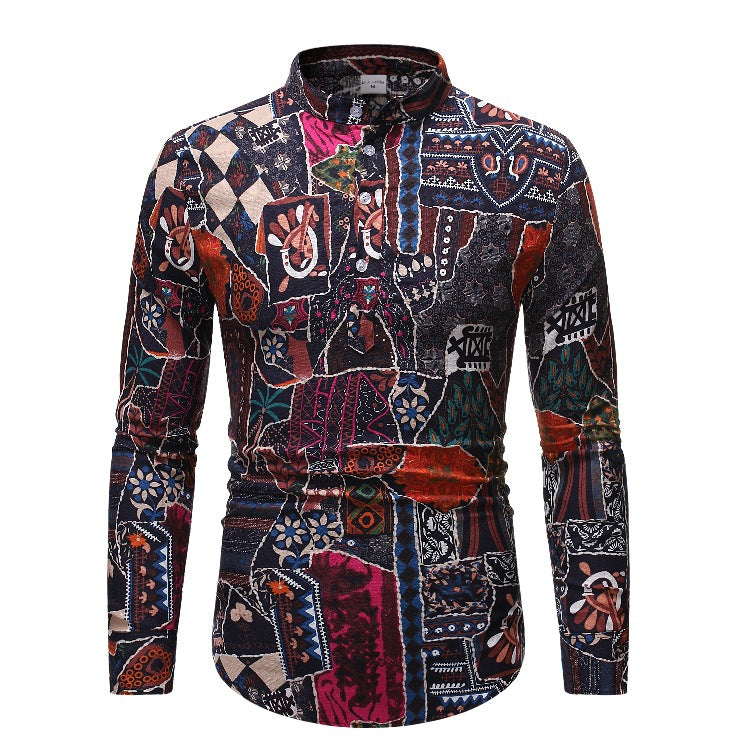 Linen Indian Ethnic Style Long-sleeved Men's Shirt