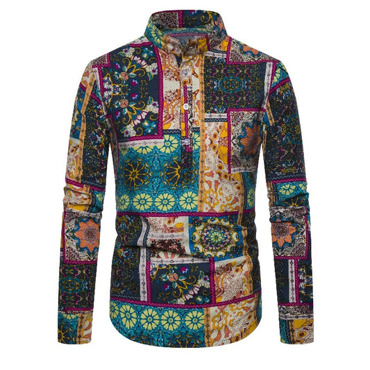 Linen Indian Ethnic Style Long-sleeved Men's Shirt