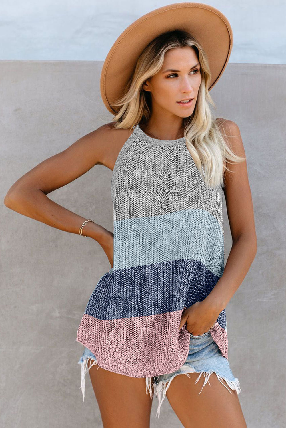 Striped Halter Crew Neck Sleeveless Knit Top