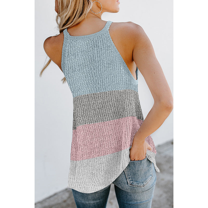 Striped Halter Crew Neck Sleeveless Knit Top