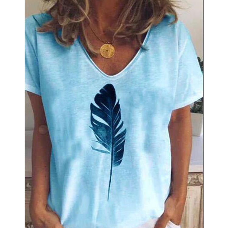 Summer Feather Print Short Sleeve Ladies T-shirt