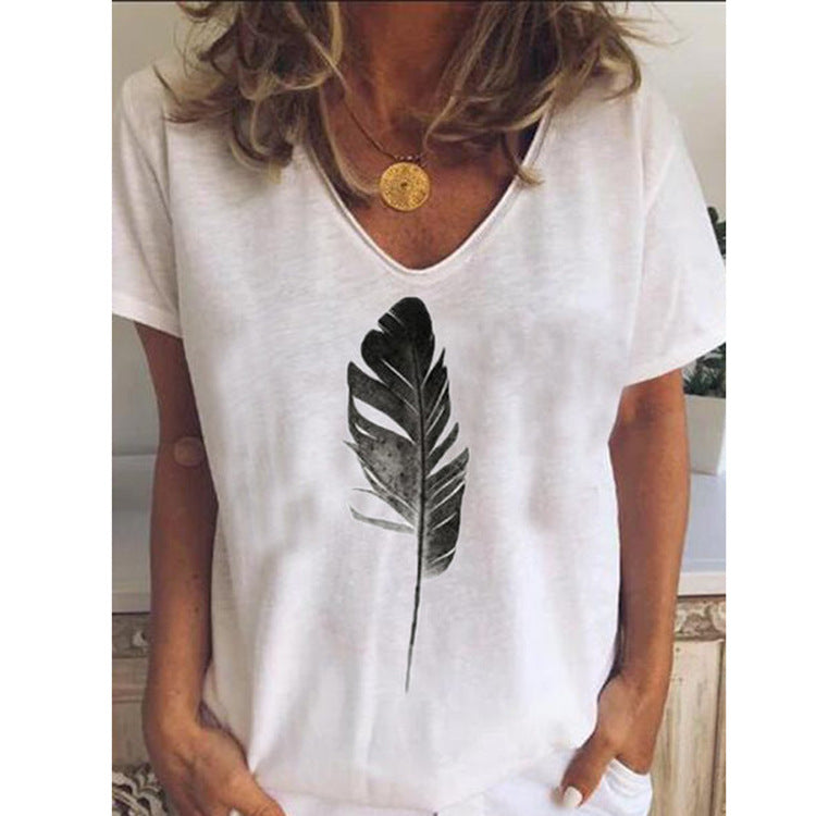 Summer Feather Print Short Sleeve Ladies T-shirt