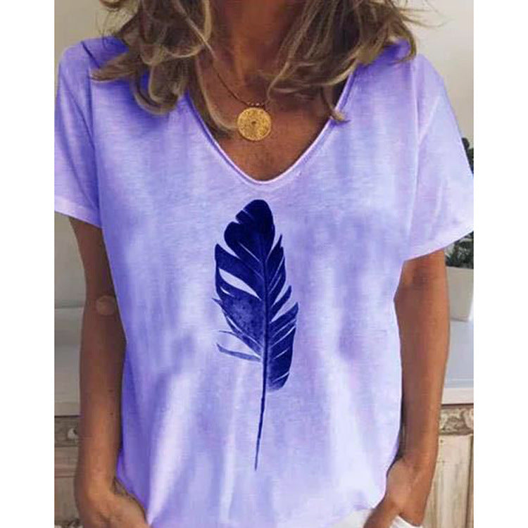 Summer Feather Print Short Sleeve Ladies T-shirt