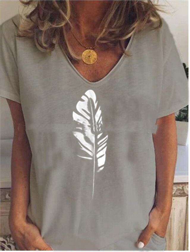 Summer Feather Print Short Sleeve Ladies T-shirt