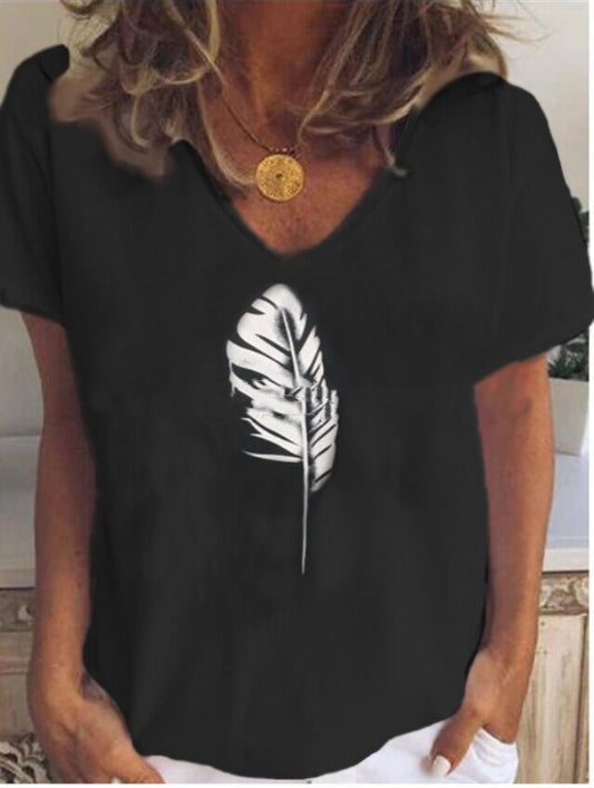 Summer Feather Print Short Sleeve Ladies T-shirt