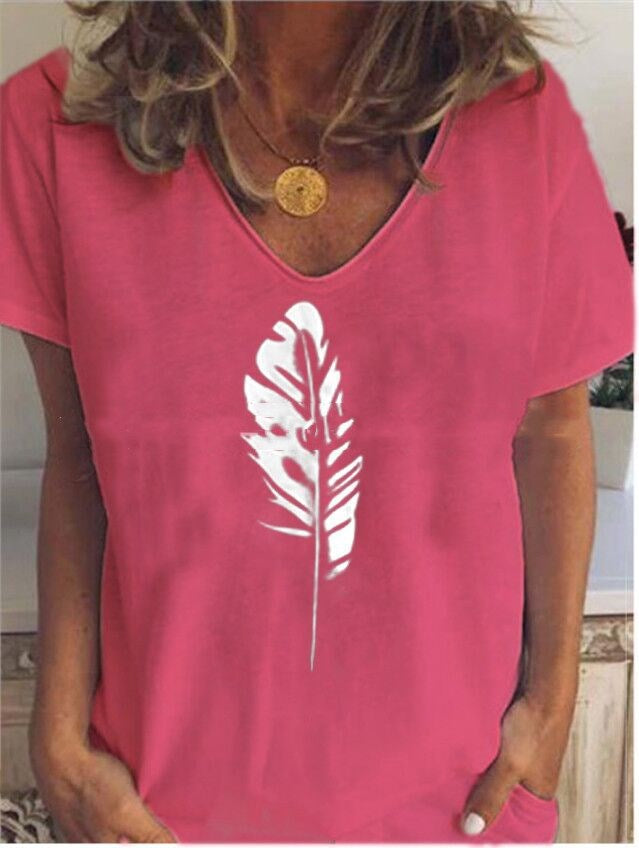 Summer Feather Print Short Sleeve Ladies T-shirt