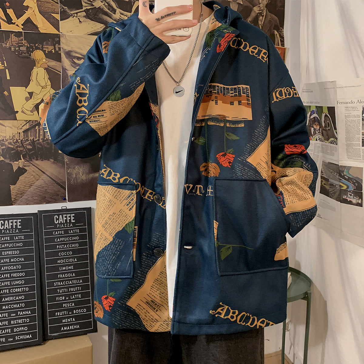 Men's Casual Printed Jacket Geometric Pattern Hooded Jacket