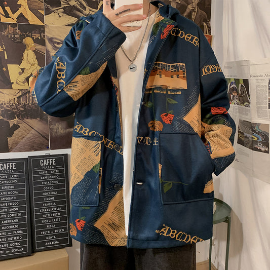 Men's Casual Printed Jacket Geometric Pattern Hooded Jacket