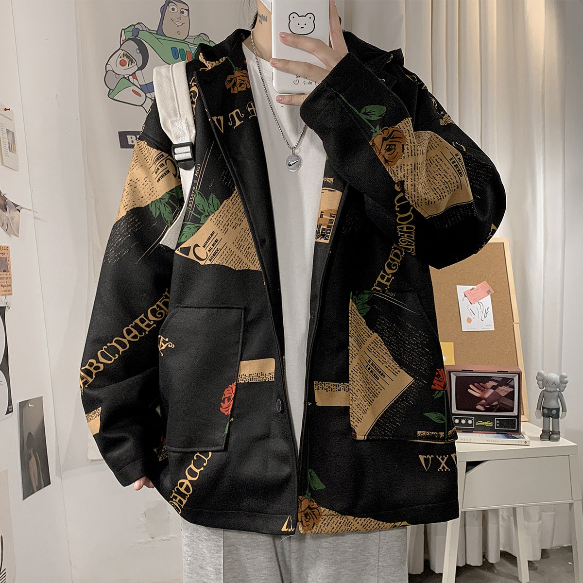 Men's Casual Printed Jacket Geometric Pattern Hooded Jacket