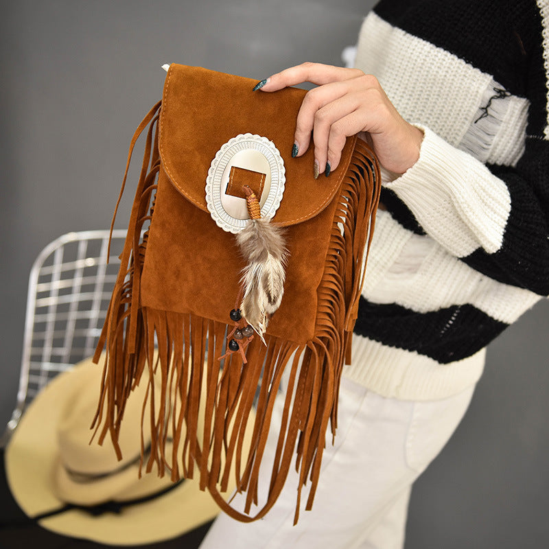 New Bohemian Tassel Messenger Bag Feather Straddle One Shoulder Women'S Bag