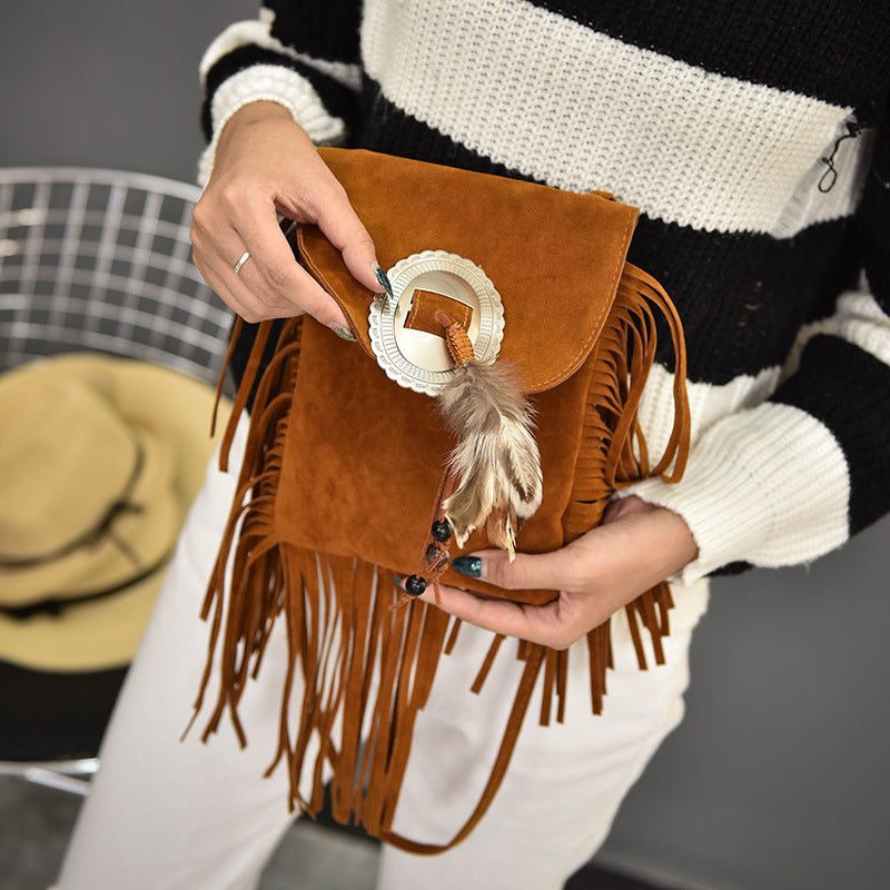 New Bohemian Tassel Messenger Bag Feather Straddle One Shoulder Women'S Bag