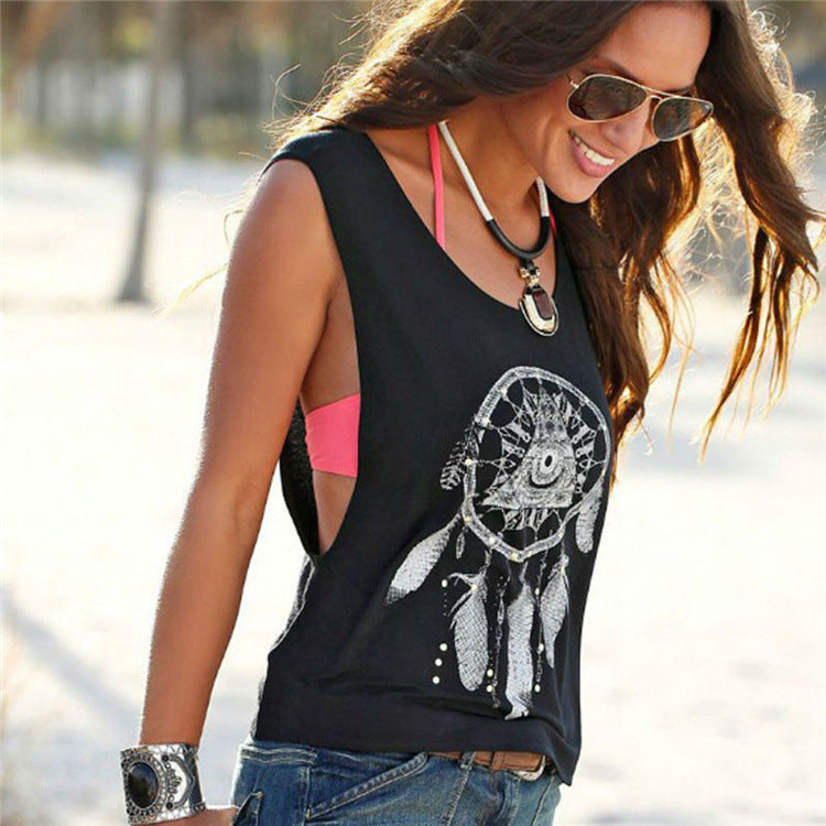 European And American 2021 Disc Feather Print Sleeveless Top Casual Bottoming T-Shirt