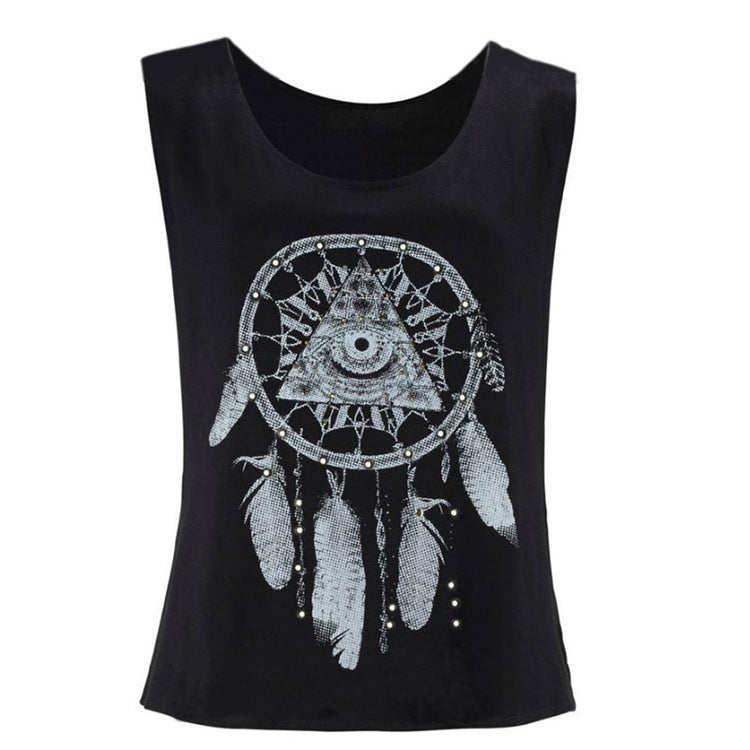 European And American 2021 Disc Feather Print Sleeveless Top Casual Bottoming T-Shirt