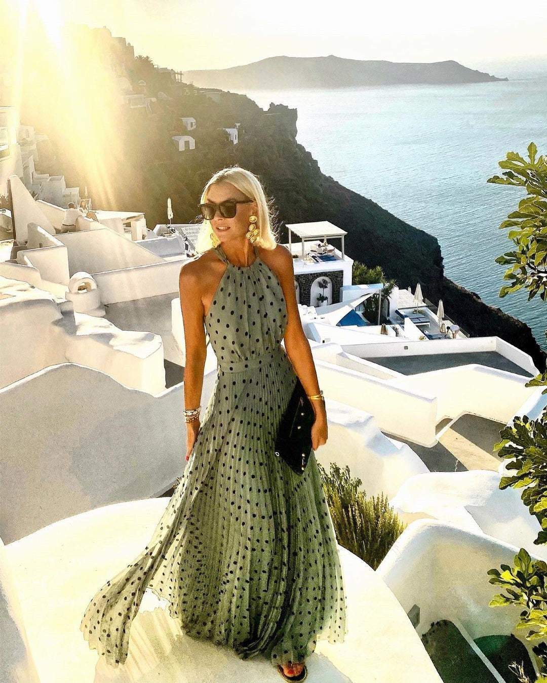 Fashion Sexy Halter Print Pleated Long Dress Women Sweet O Neck Beach Maxi Dress Summer Sleeveless Elegant Boho Party Dress XXL