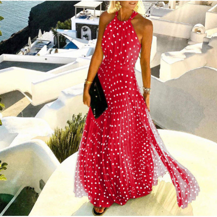 Fashion Sexy Halter Print Pleated Long Dress Women Sweet O Neck Beach Maxi Dress Summer Sleeveless Elegant Boho Party Dress XXL