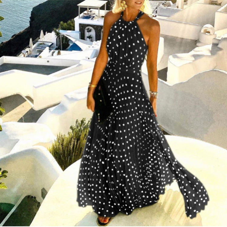 Fashion Sexy Halter Print Pleated Long Dress Women Sweet O Neck Beach Maxi Dress Summer Sleeveless Elegant Boho Party Dress XXL