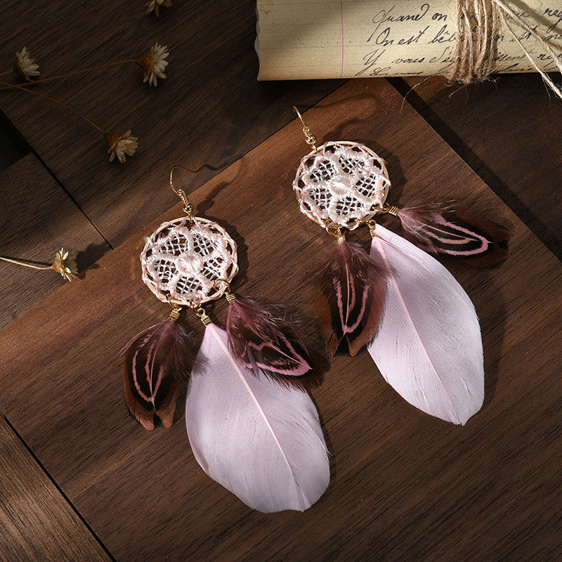 Lightweight Dream Catcher Flower Woven Feather Earrings