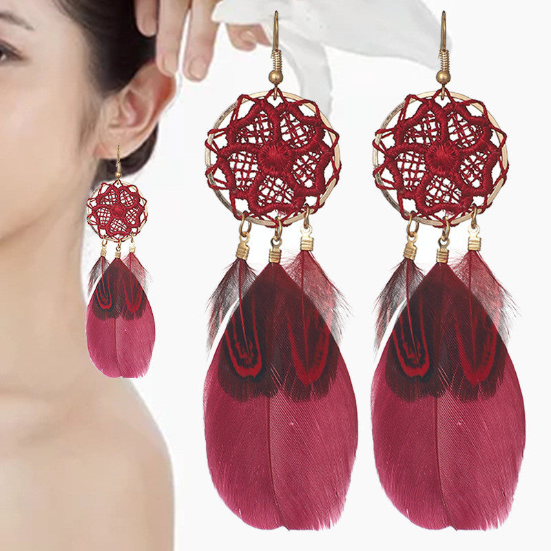 Lightweight Dream Catcher Flower Woven Feather Earrings