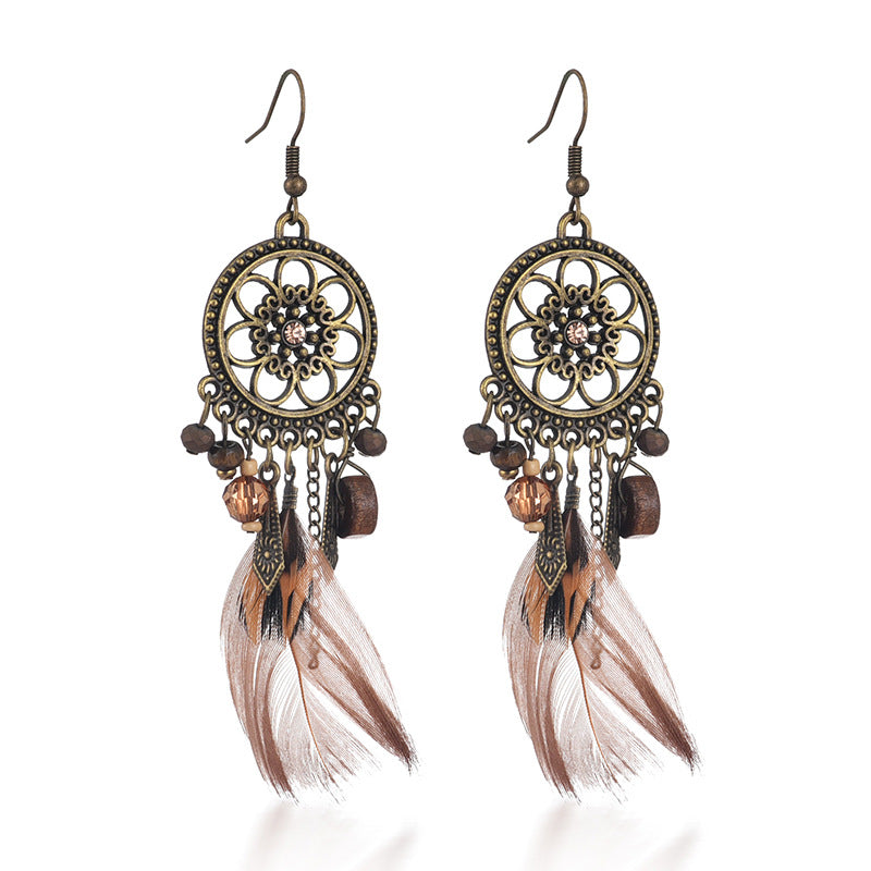 Diamond-Studded Wood Bead Earrings Earrings Feather Earrings Female Jewelry