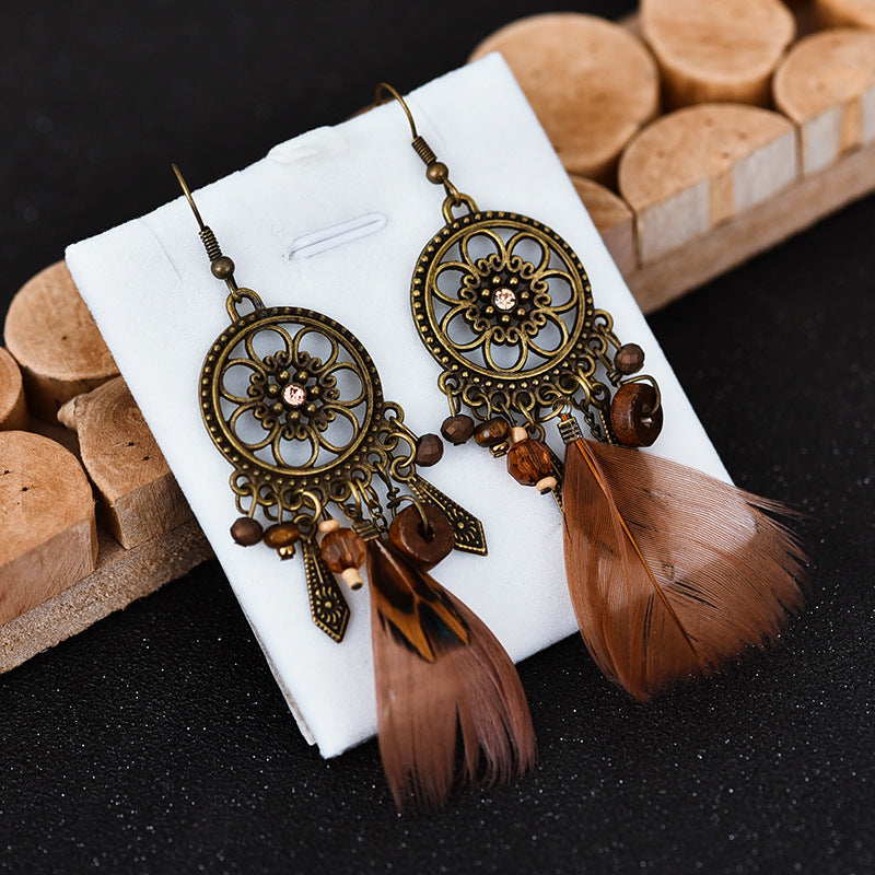 Diamond-Studded Wood Bead Earrings Earrings Feather Earrings Female Jewelry