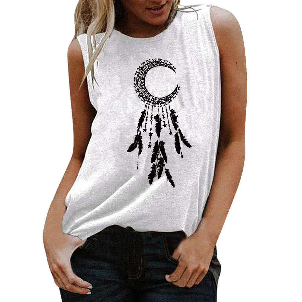 New Sleeveless Vest With Upside-Down Feather Print