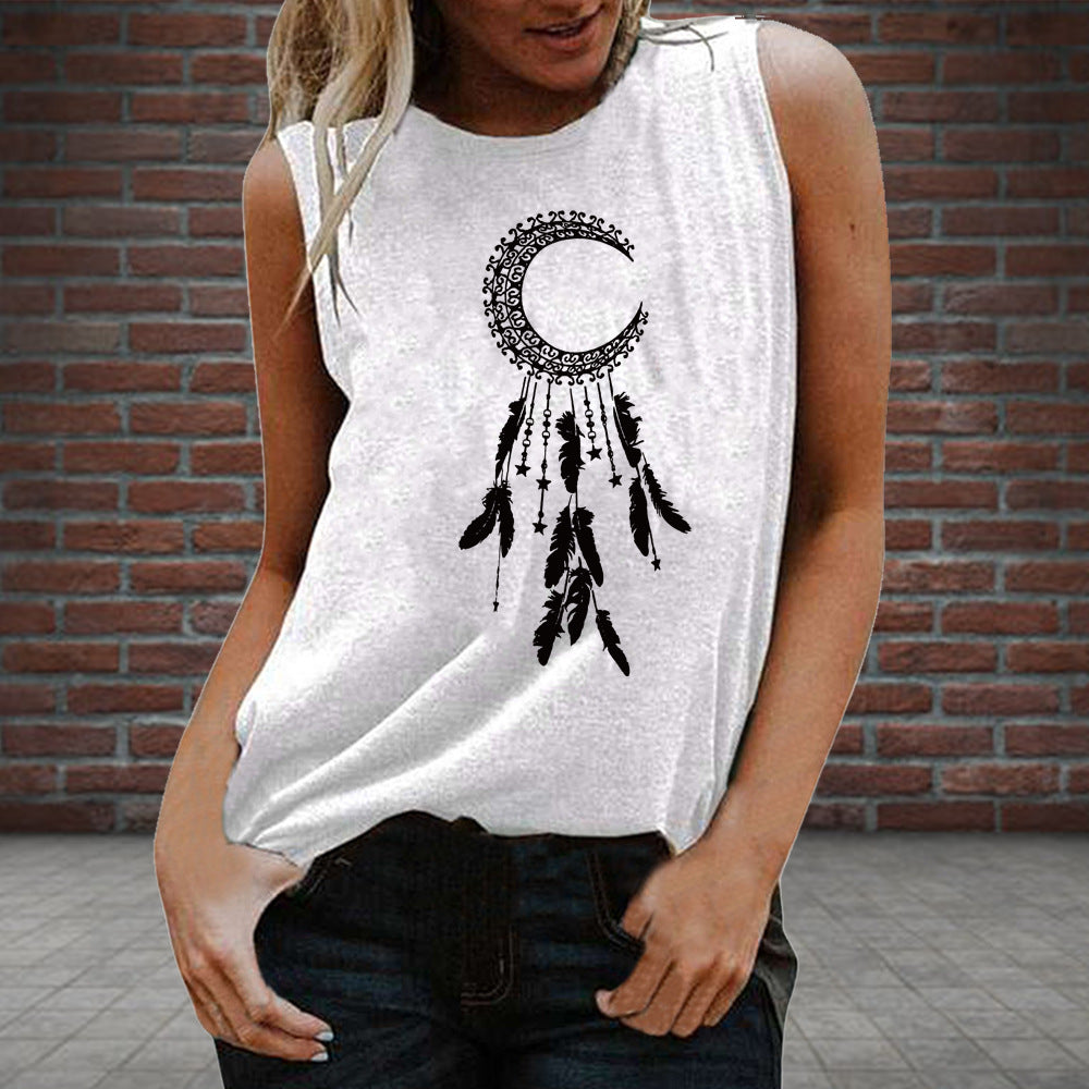 New Sleeveless Vest With Upside-Down Feather Print