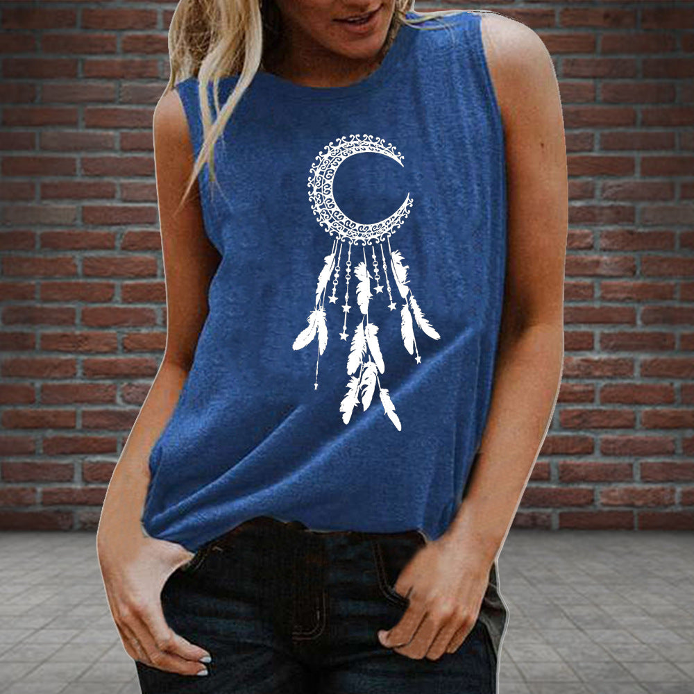 New Sleeveless Vest With Upside-Down Feather Print