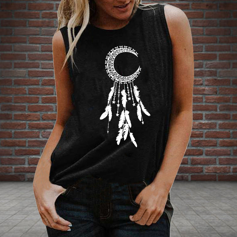 New Sleeveless Vest With Upside-Down Feather Print