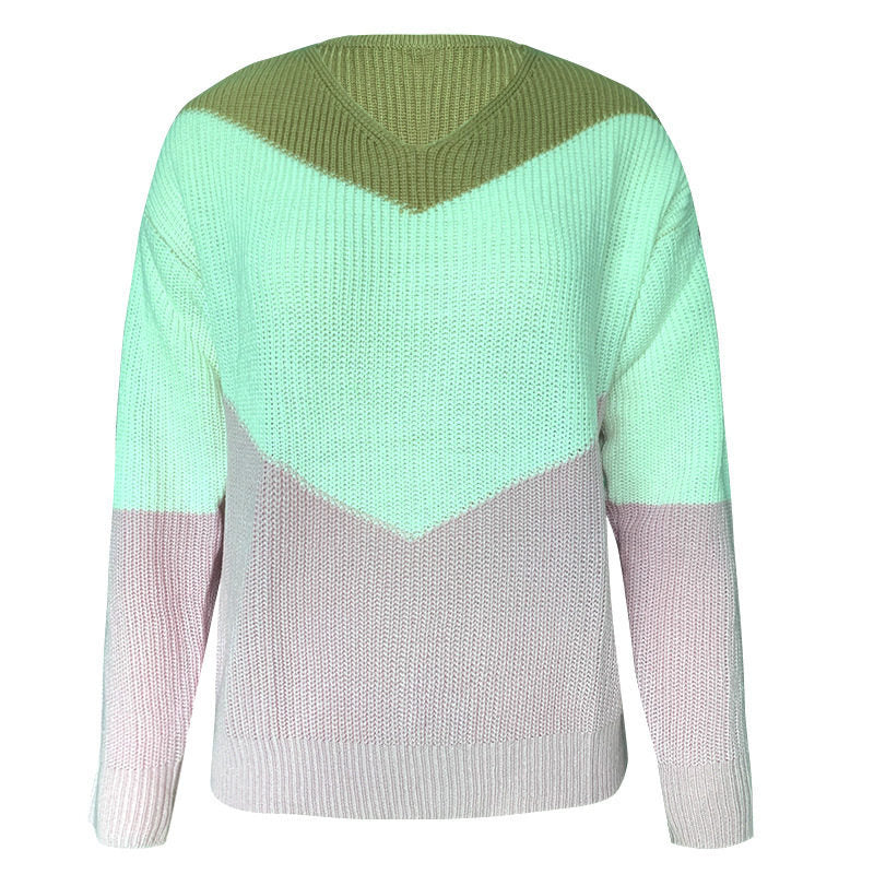 New European And American Foreign Trade Knitwear Amazon Popular Color Matching V-Neck Long Sleeve Loose Knit Sweater