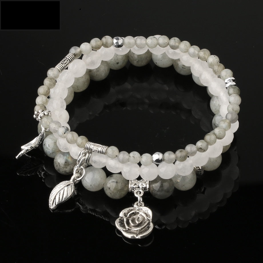 Three Row Bracelet Natural Stone Crystal Rose Pendant Bracelet